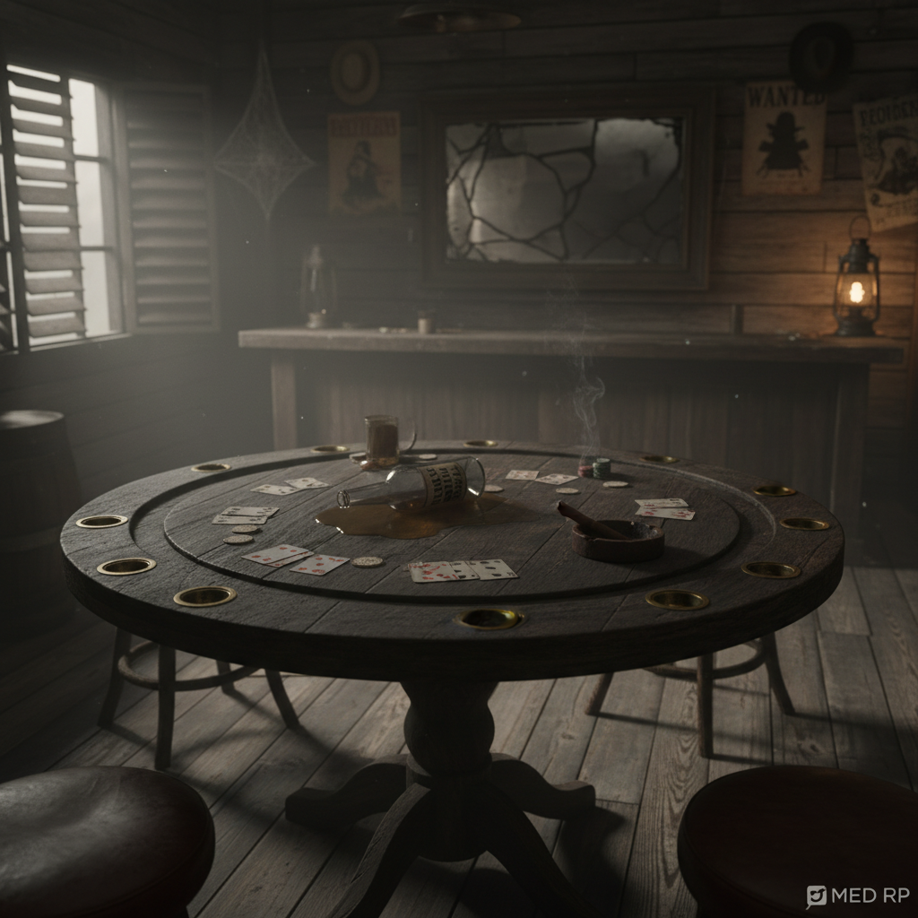 An abandoned poker table inside a dim Western saloon, captured in gritty photographic realism. The subject is a scarred round table of dark, knotty wood, scattered with worn playing cards, tarnished brass chips, a half-spilled bottle of whiskey, and a single smoldering cigar in an iron ashtray. The surroundings are shadowy: cracked mirror behind an empty bar, dust motes visible in a thin shaft of moonlight stabbing through broken shutters. Dramatic side lighting from an unseen lantern creates sharp contrasts, picking out the textures of leather barstools and rough plank walls. Shot from a slightly elevated angle with shallow depth of field, the scene feels tense and eerie, as if a high-stakes game was abruptly abandoned in this lawless Japanese RedM RP frontier.