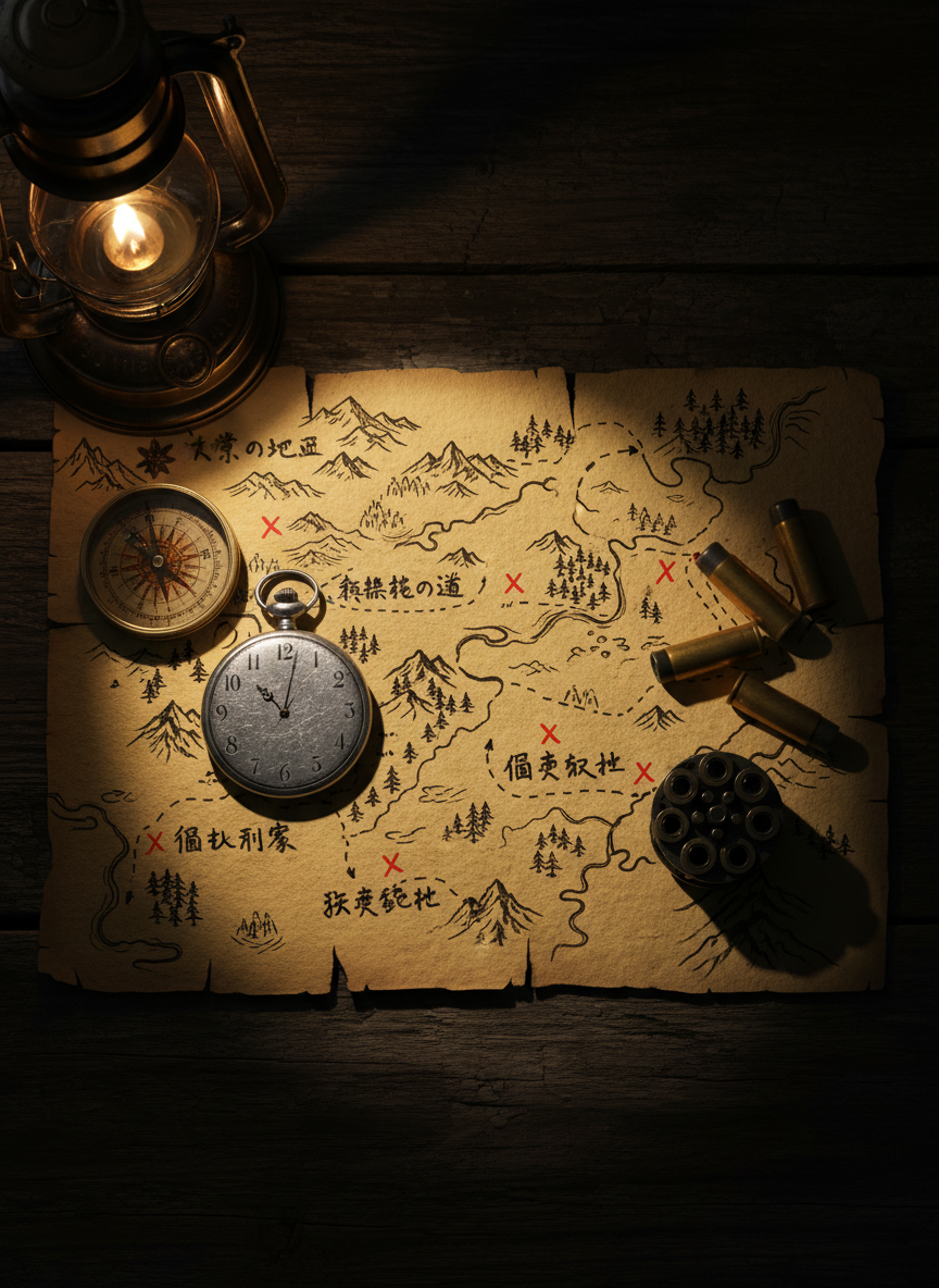 A detailed top-down photographic depiction of a hand-drawn frontier map spread across a dark wooden desk, with no human presence. The parchment is yellowed and frayed, inked with Japanese annotations naming territories, outlaw trails, and remote camps across a stylized wild West landscape. Tiny red X marks betray hidden stashes and dangerous zones of the RP server. Around it lie a brass compass, a scratched pocket watch stopped at midnight, a loaded revolver cylinder open beside loose cartridges, and a flickering oil lamp at the edge of frame. Warm lamplight pools over the central map, fading into deep shadows at the corners, creating a secretive, strategic mood perfect for planning RP scenarios.